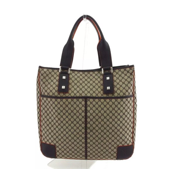 CELINE Tote Bag Macadam Beige Orange Canvas x Leather Authentic USED